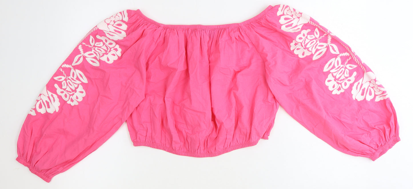 Marks and Spencer Womens Pink 100% Cotton Cropped Blouse Size 16 Off the Shoulder