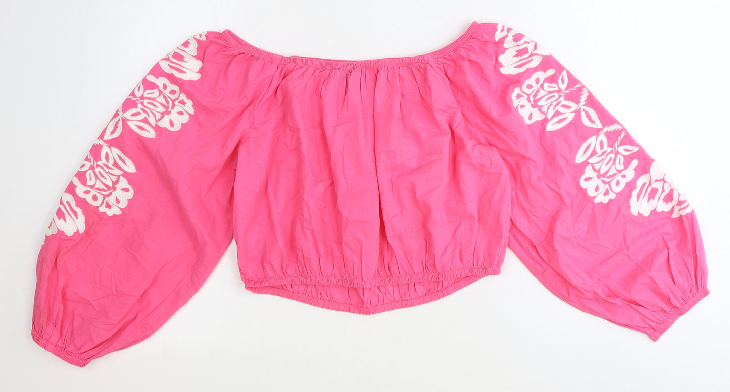 Marks and Spencer Womens Pink 100% Cotton Cropped Blouse Size 16 Off the Shoulder