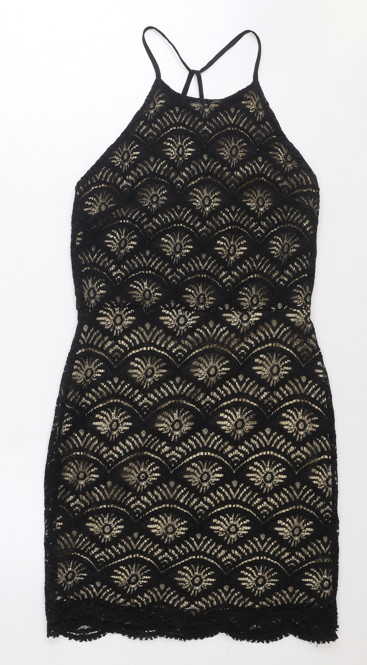 Monteau Womens Black Geometric Nylon Pencil Dress Size S Round Neck Zip
