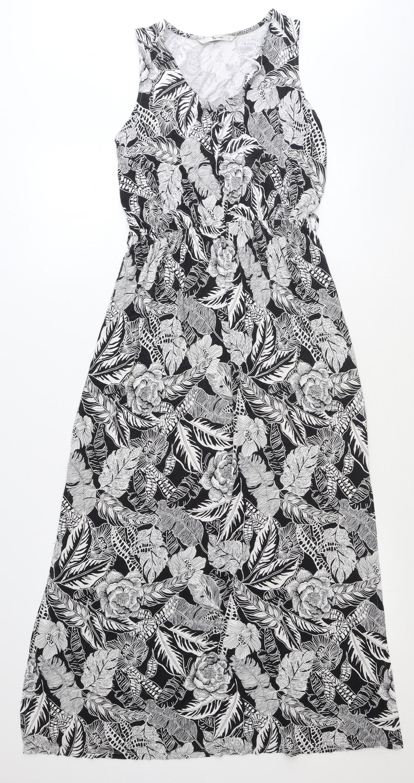 TU Womens Black Floral Polyester Maxi Size 8 V-Neck Button