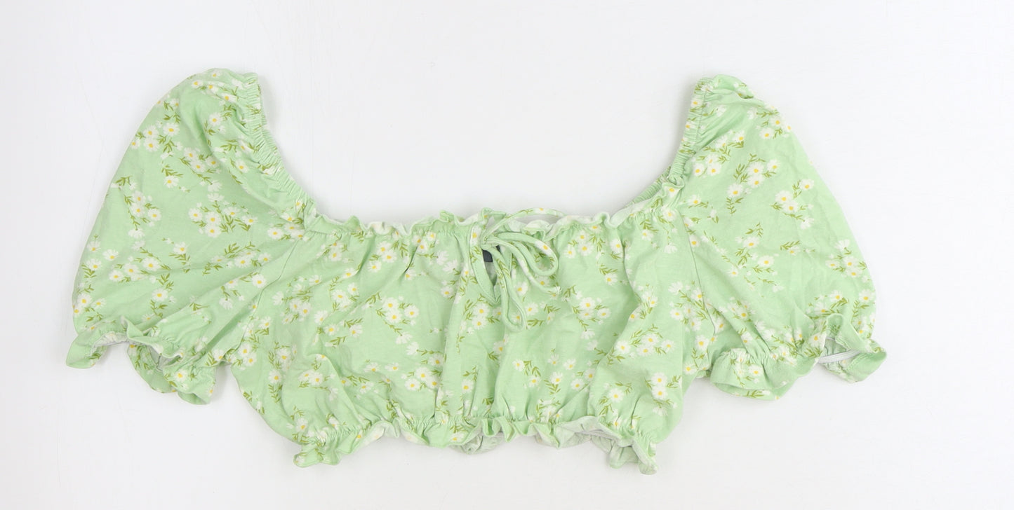 Primark Womens Green Floral Polyester Cropped Blouse Size S Boat Neck