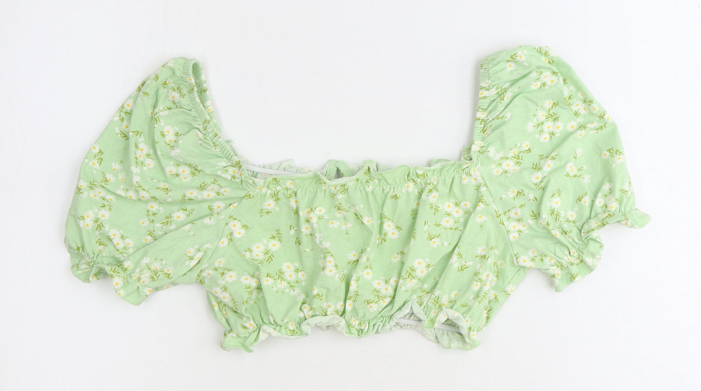 Primark Womens Green Floral Polyester Cropped Blouse Size S Boat Neck