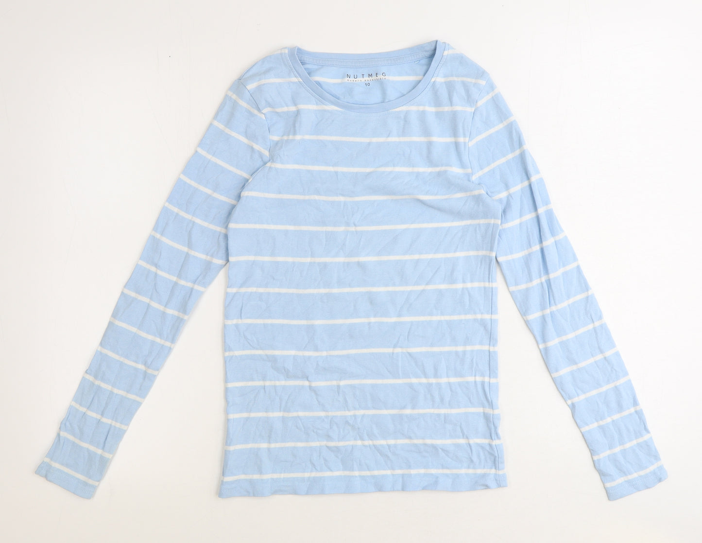 Nutmeg Womens Blue Striped Cotton Basic T-Shirt Size 10 Round Neck