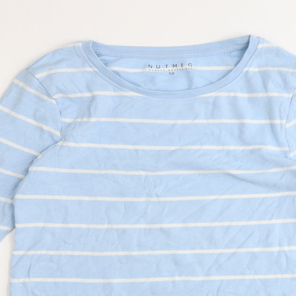 Nutmeg Womens Blue Striped Cotton Basic T-Shirt Size 10 Round Neck