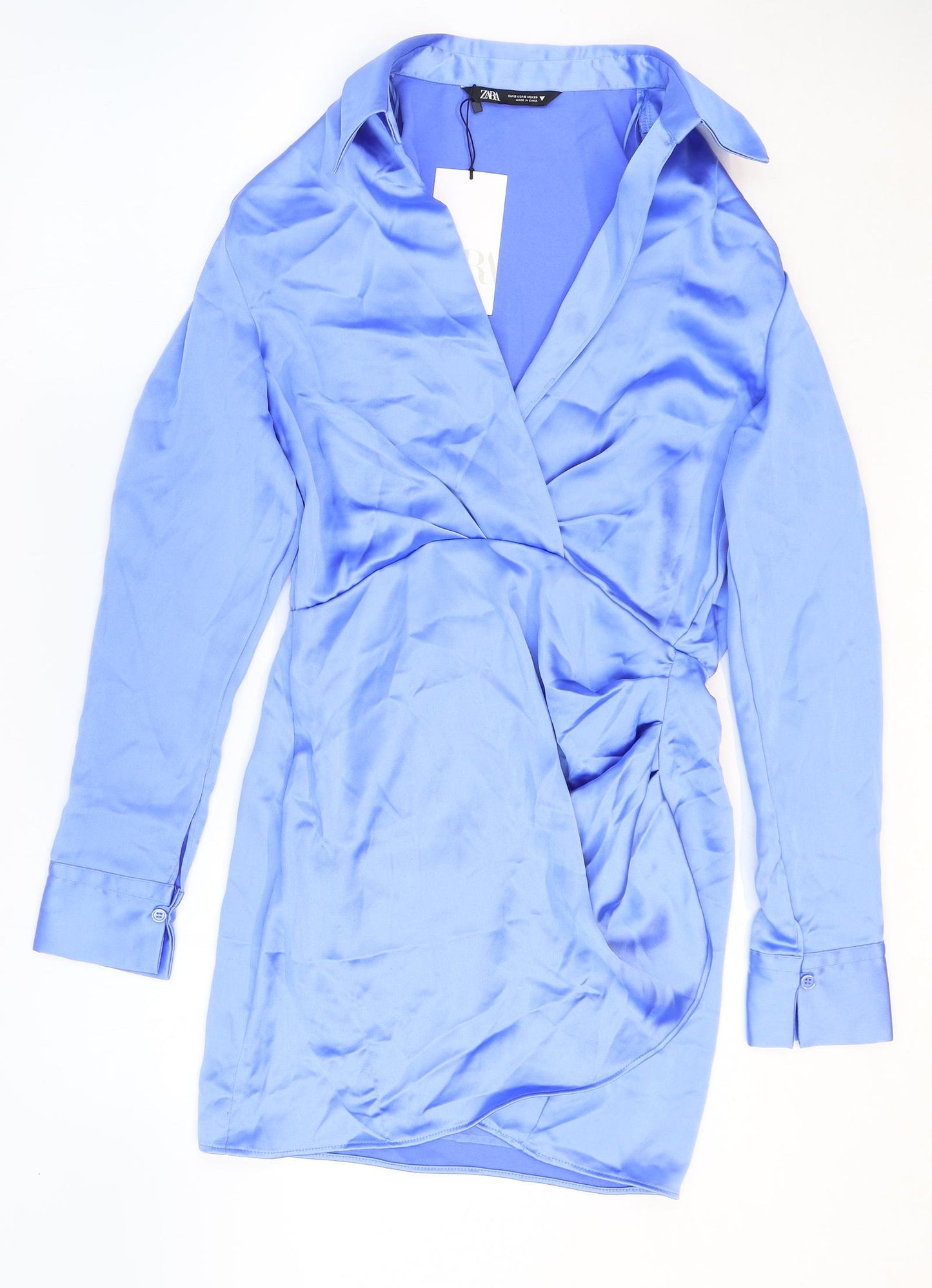 Zara Womens Blue Polyester Shirt Dress Size 6 Collared Zip
