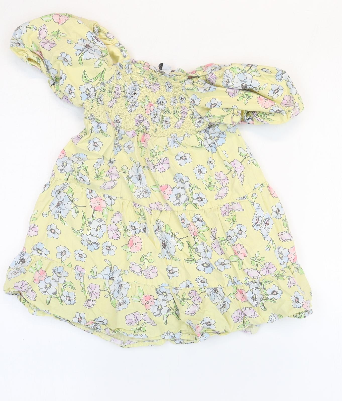 Primark Girls Yellow Floral Polyester A-Line Size 6-7 Years Square Neck