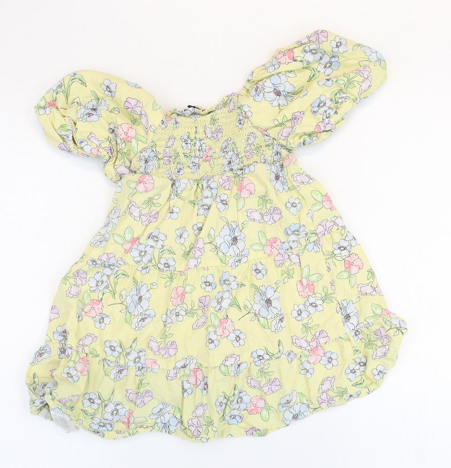 Primark Girls Yellow Floral Polyester A-Line Size 6-7 Years Square Neck