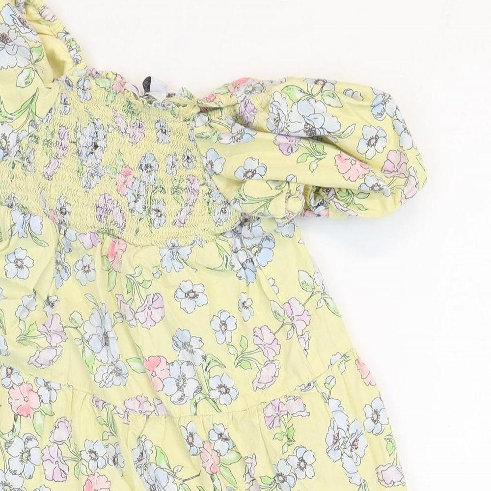 Primark Girls Yellow Floral Polyester A-Line Size 6-7 Years Square Neck