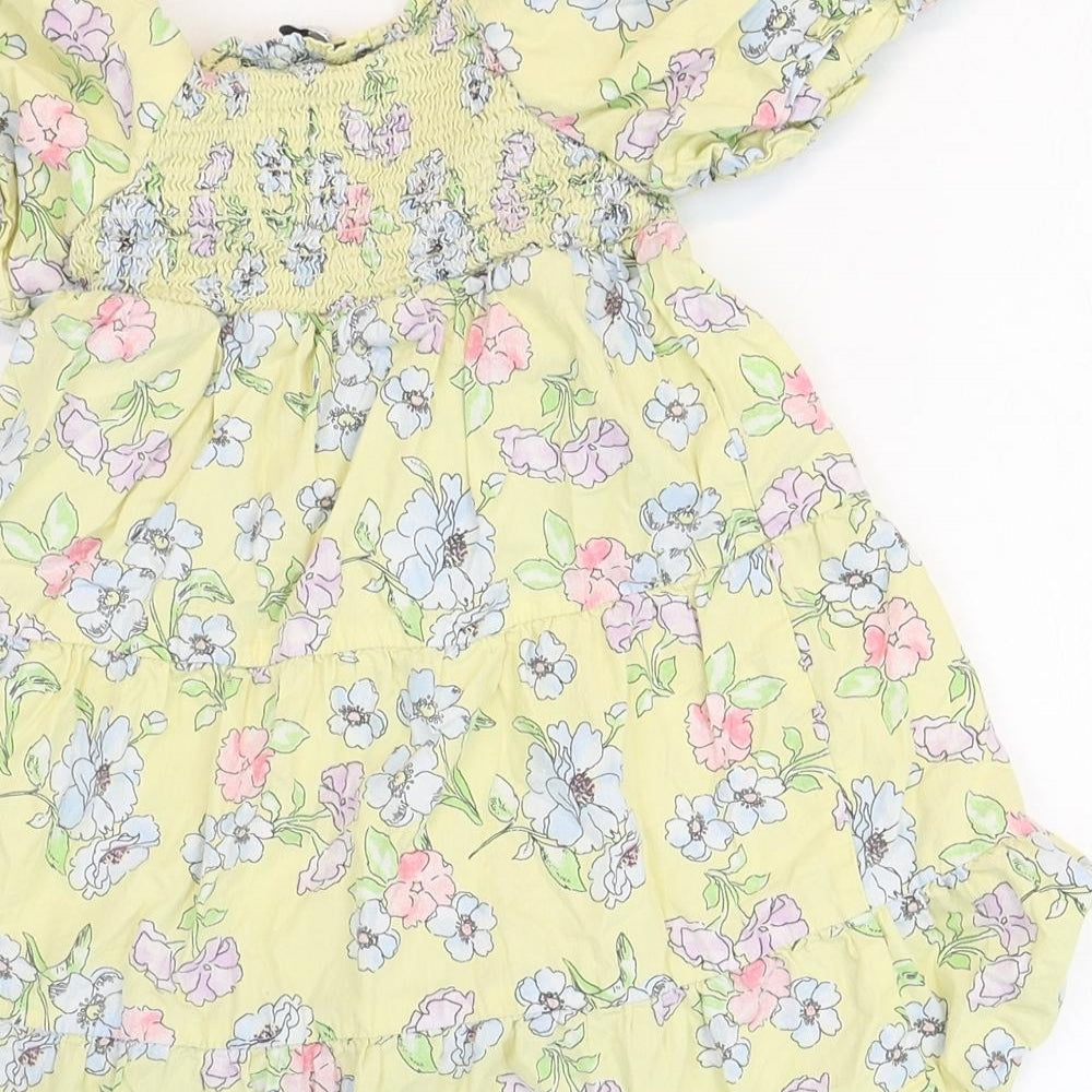 Primark Girls Yellow Floral Polyester A-Line Size 6-7 Years Square Neck