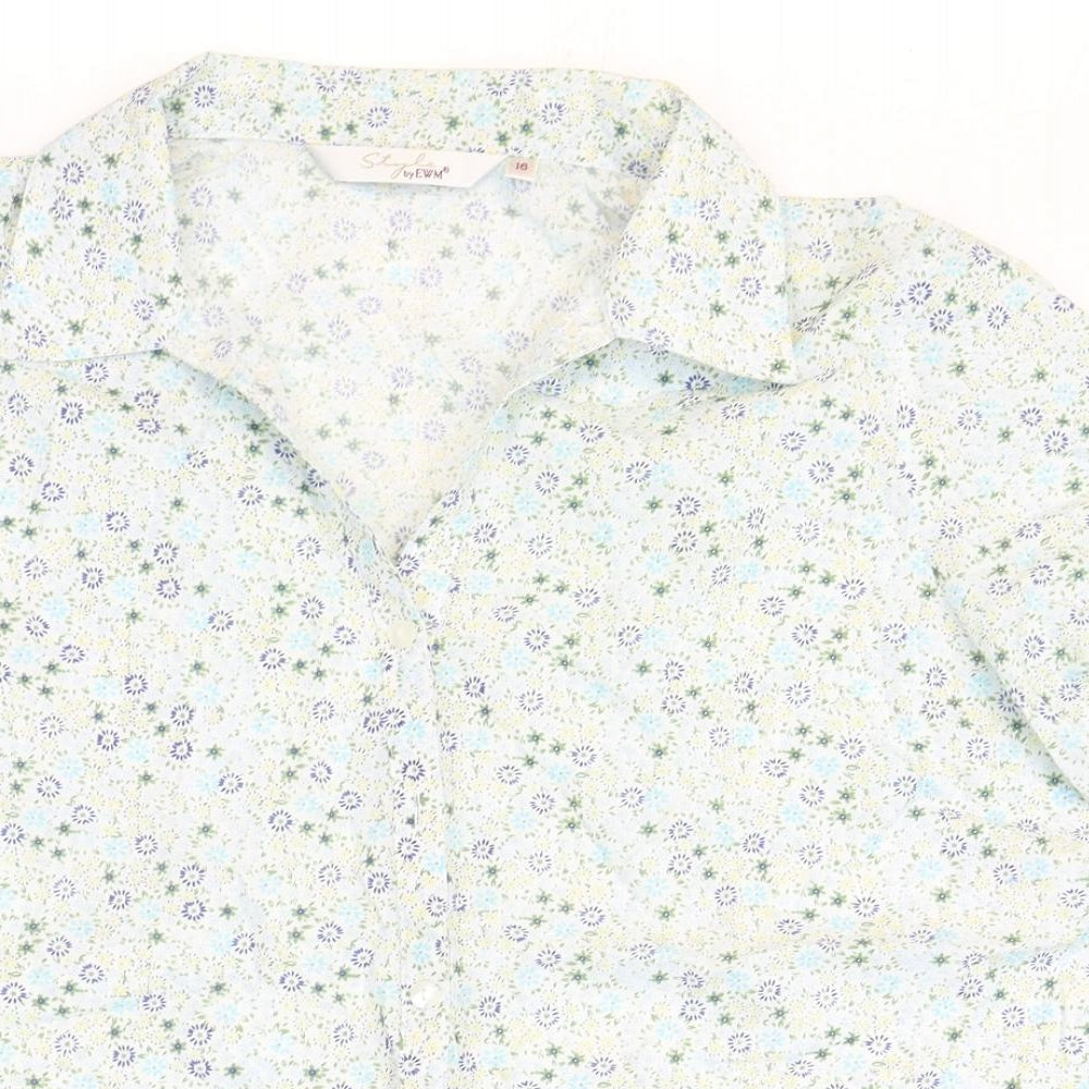 EWM Womens Blue Floral Cotton Basic Button-Up Size 16 Collared