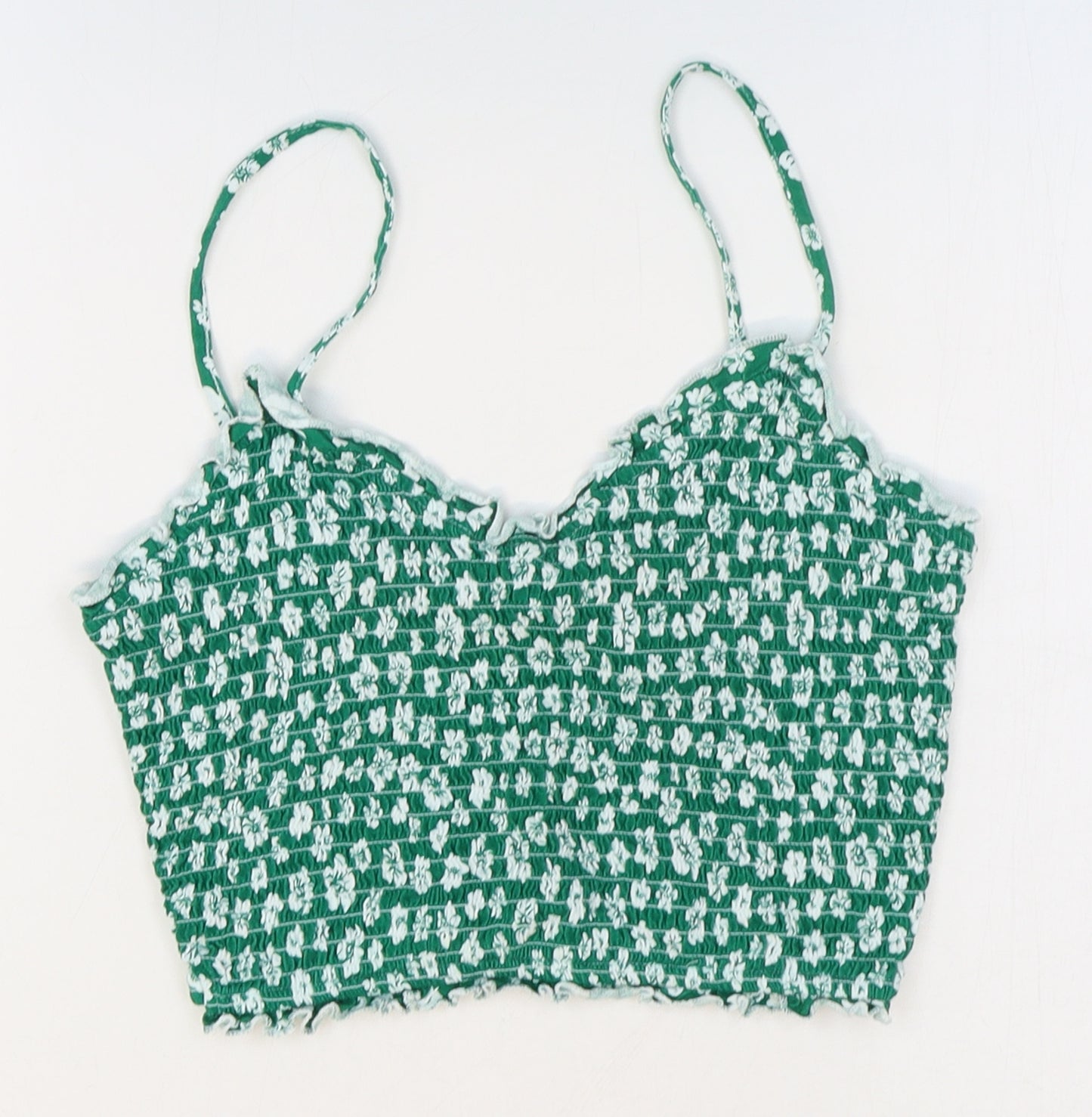 Primark Womens Green Floral Cotton Cropped Tank Size 10 V-Neck - Shirred