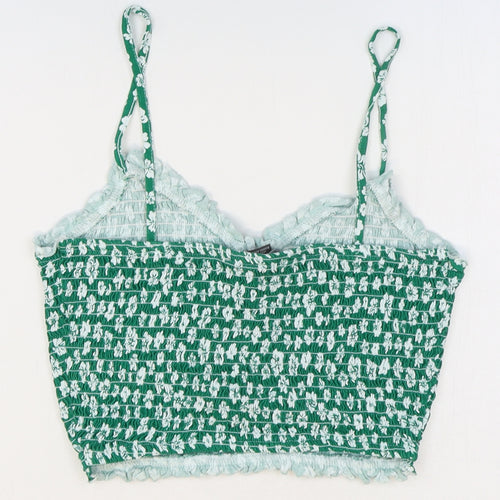 Primark Womens Green Floral Cotton Cropped Tank Size 10 V-Neck - Shirred