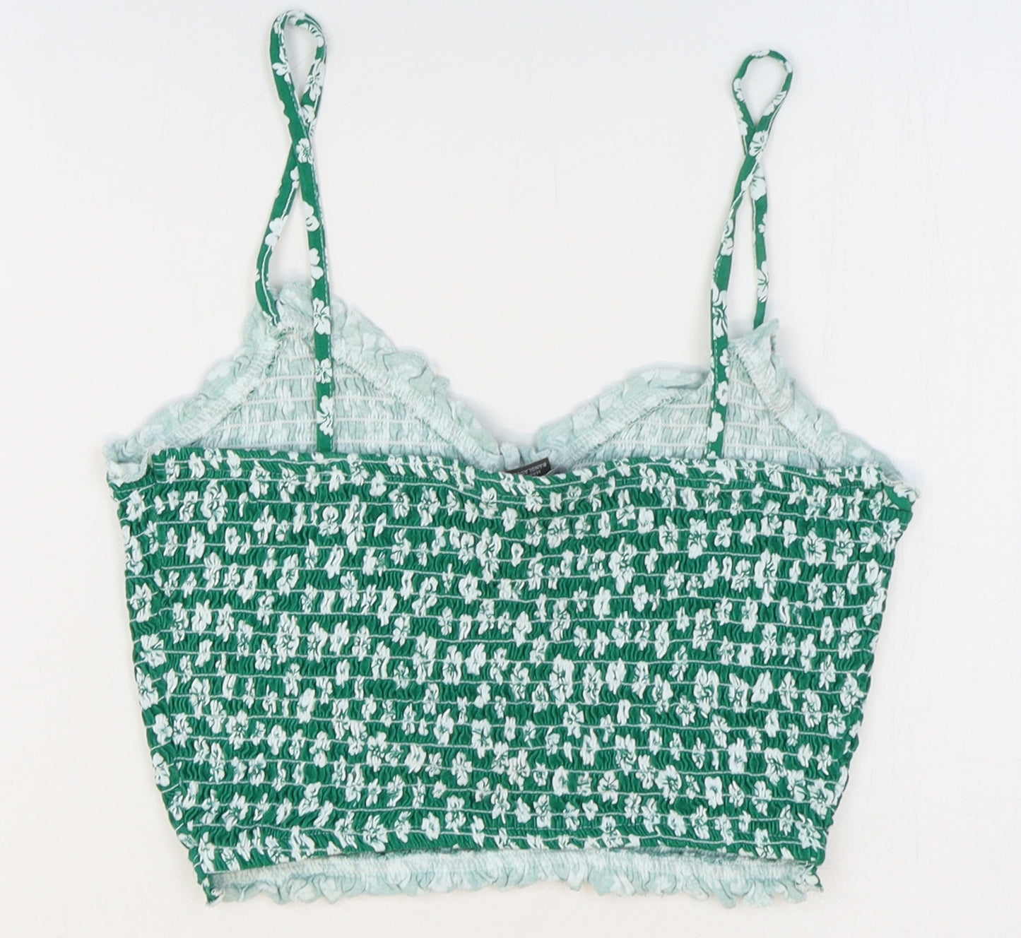 Primark Womens Green Floral Cotton Cropped Tank Size 10 V-Neck - Shirred