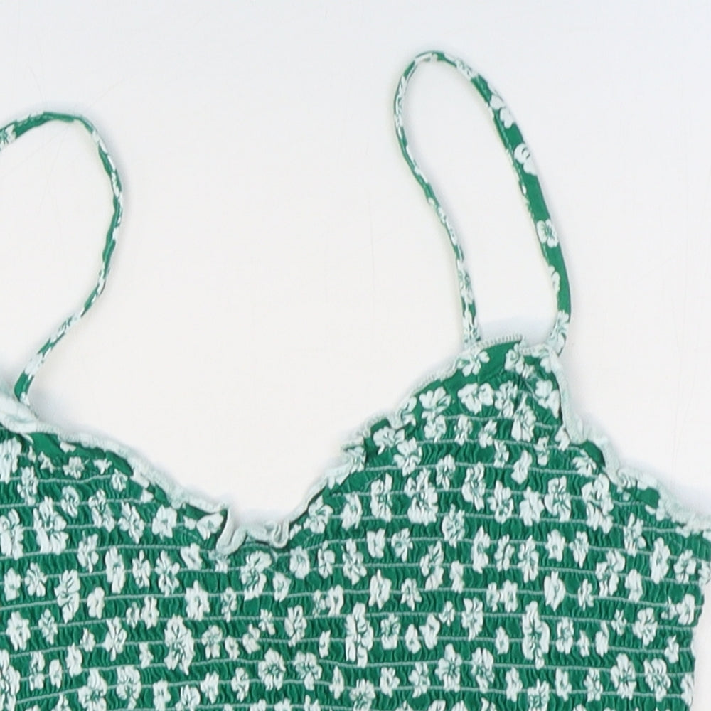 Primark Womens Green Floral Cotton Cropped Tank Size 10 V-Neck - Shirred