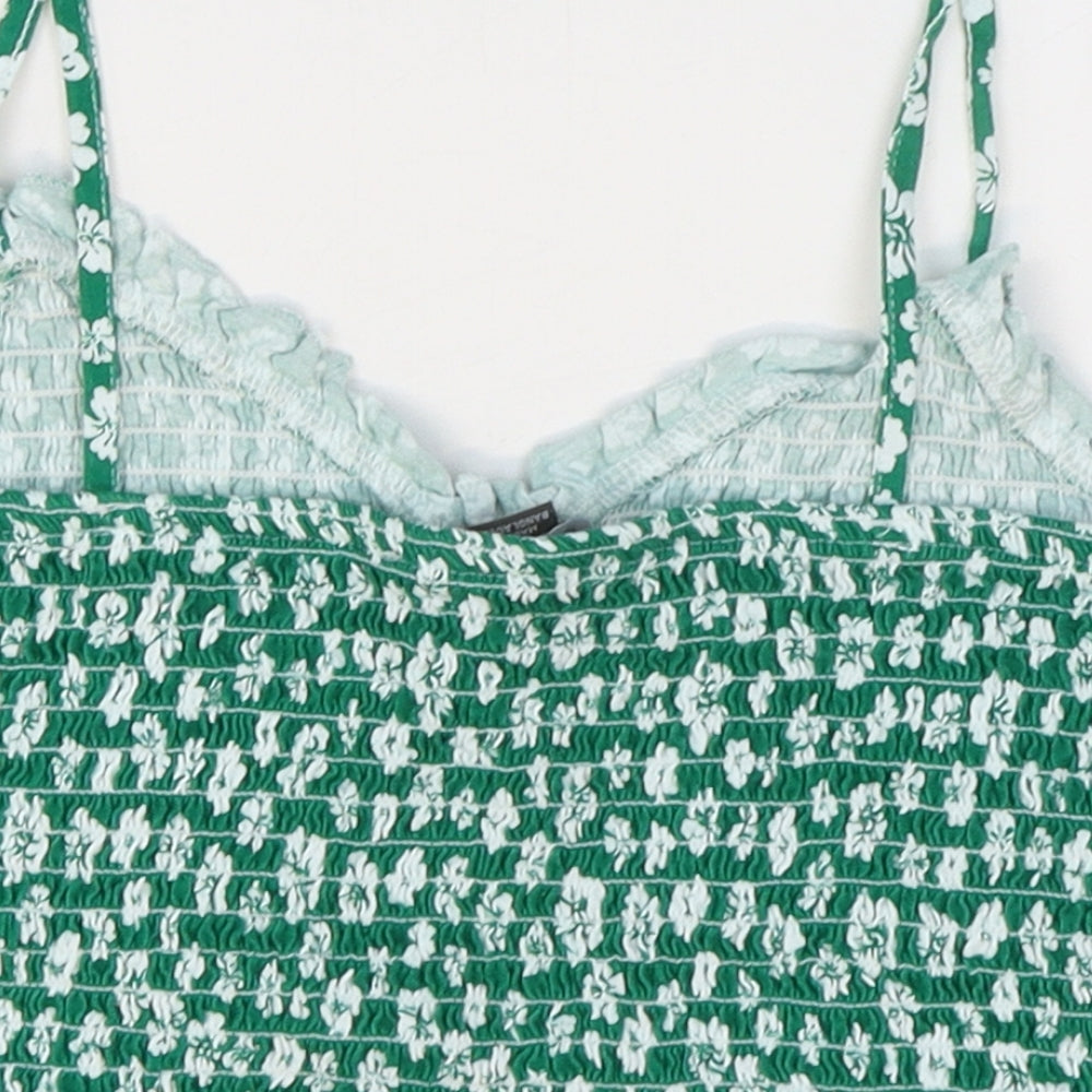 Primark Womens Green Floral Cotton Cropped Tank Size 10 V-Neck - Shirred
