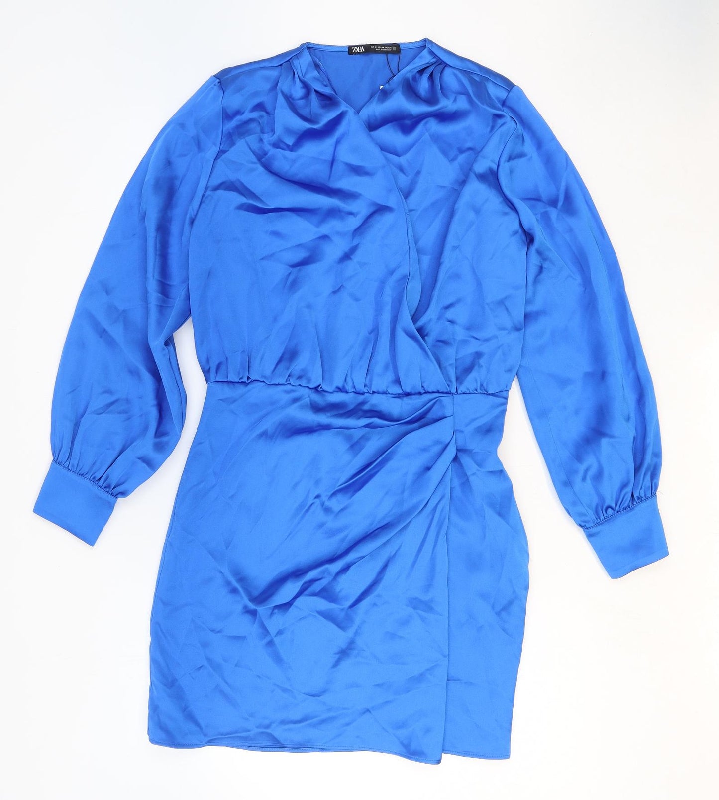 Zara Womens Blue Polyester Shirt Dress Size M V-Neck Zip