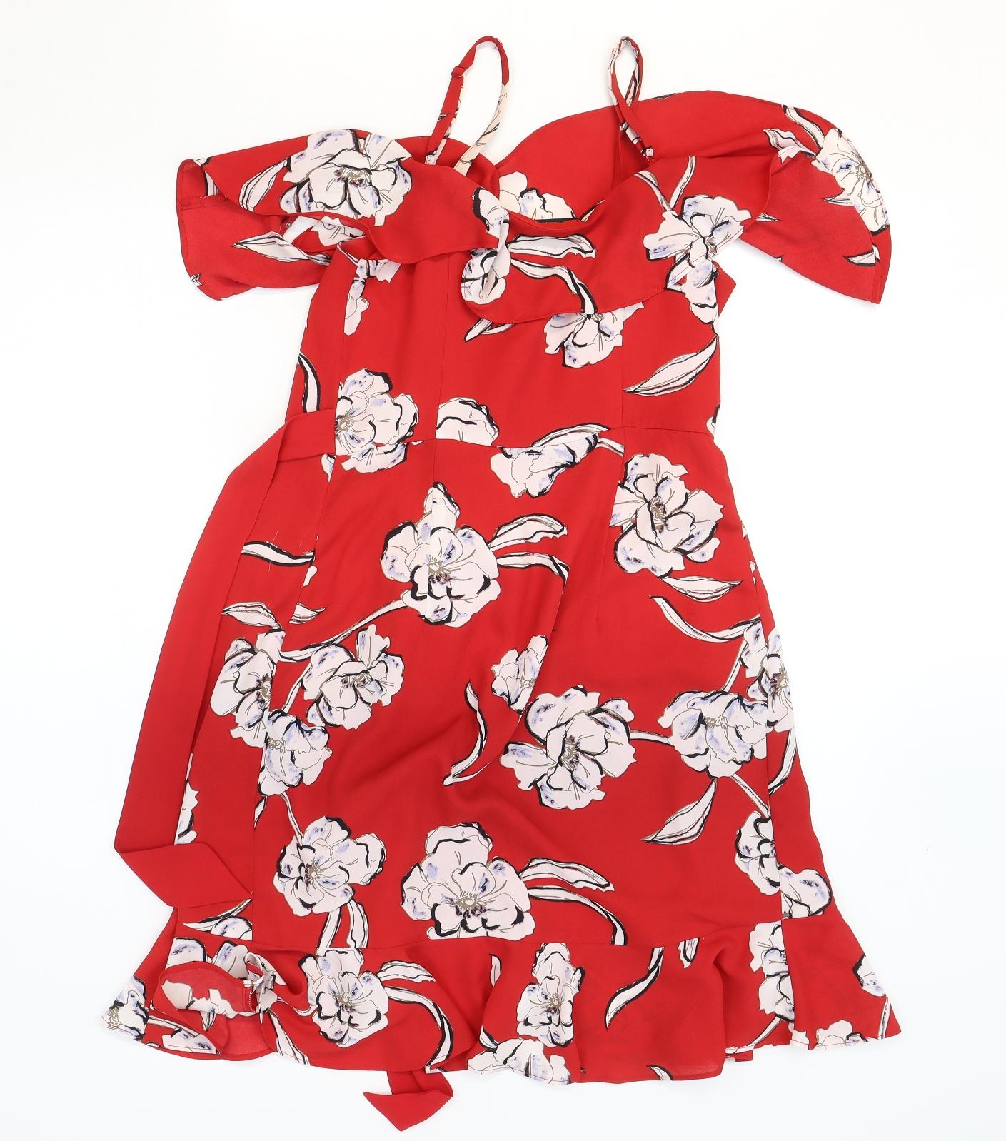 Portmans Womens Red Floral Polyester Fit & Flare Size 8 Square Neck Pullover