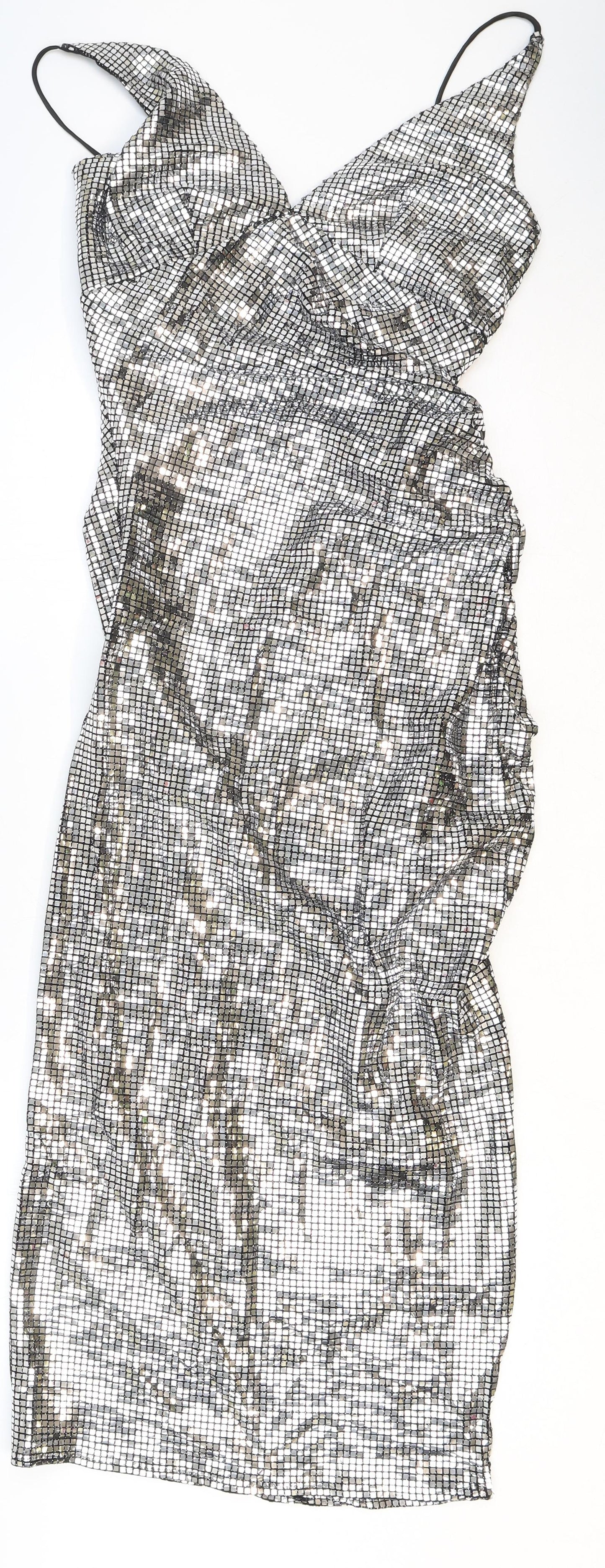 Zara Womens Silver Polyamide Slip Dress Size M V-Neck Zip - Mirror ball