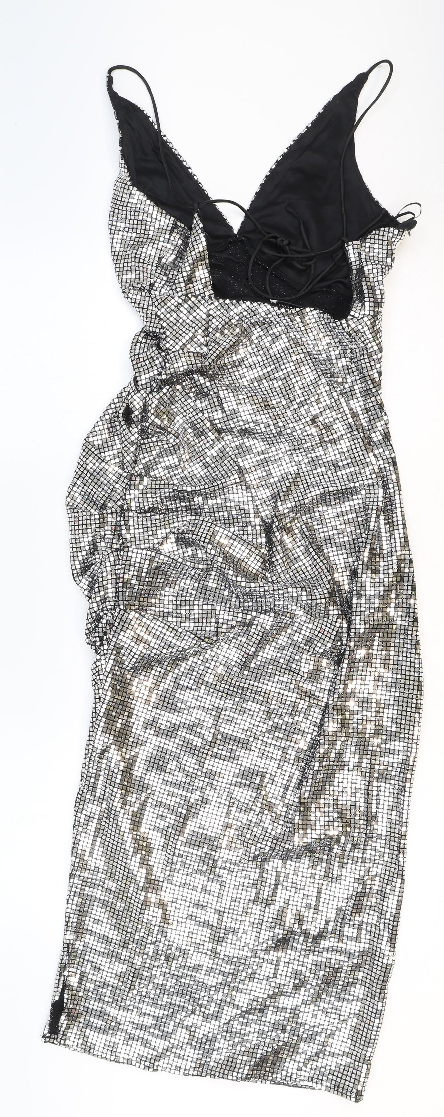 Zara Womens Silver Polyamide Slip Dress Size M V-Neck Zip - Mirror ball