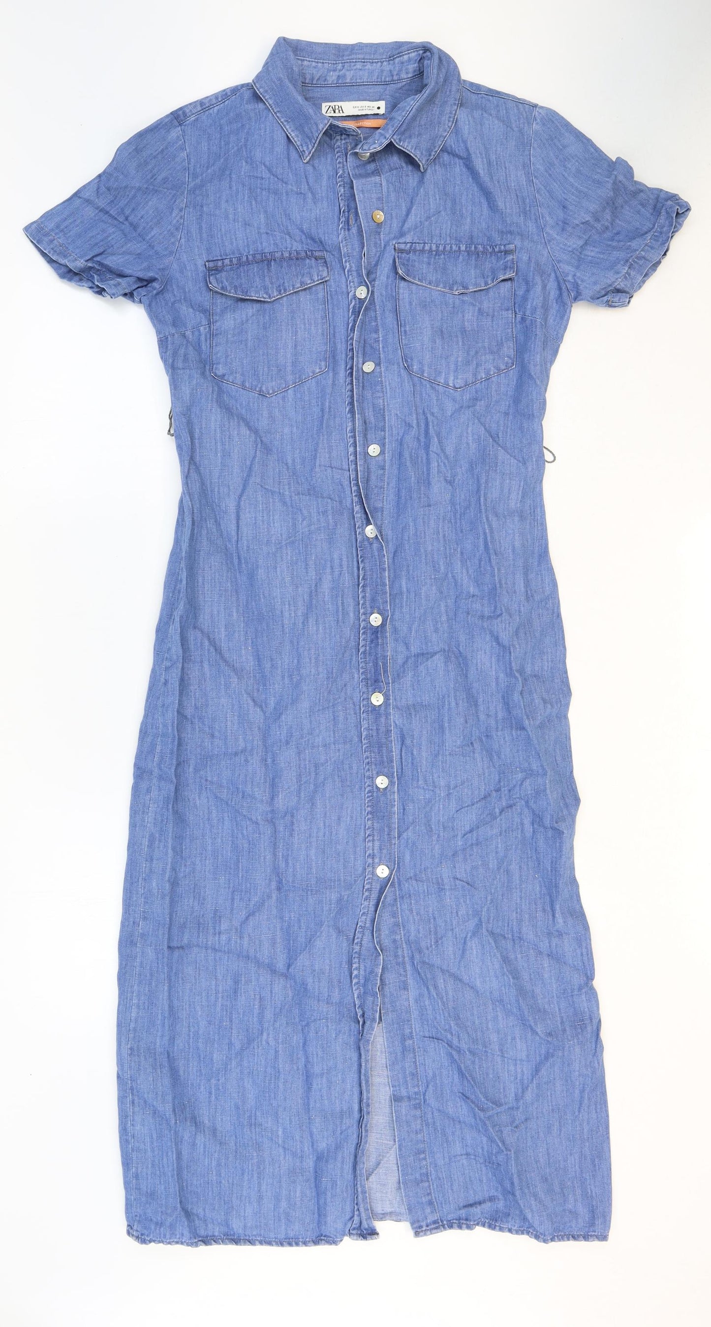 Zara Womens Blue Cotton Shirt Dress Size 6 Collared Button