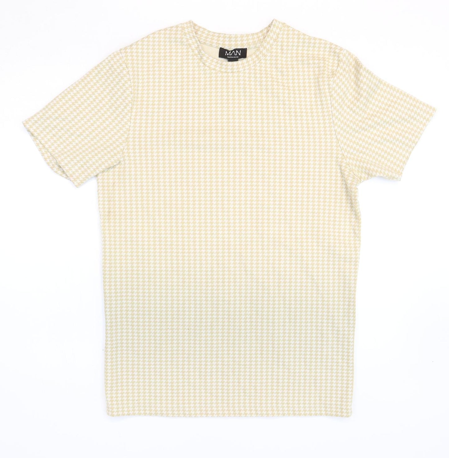 Boohoo Mens Beige Geometric Polyester T-Shirt Size M Round Neck - Houndstooth Pattern