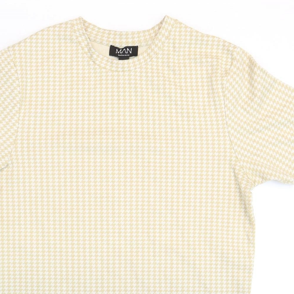 Boohoo Mens Beige Geometric Polyester T-Shirt Size M Round Neck - Houndstooth Pattern