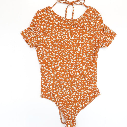 SheIn Womens Orange Floral Polyester Bodysuit One-Piece Size 8 Snap