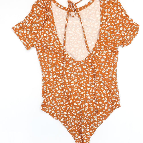 SheIn Womens Orange Floral Polyester Bodysuit One-Piece Size 8 Snap