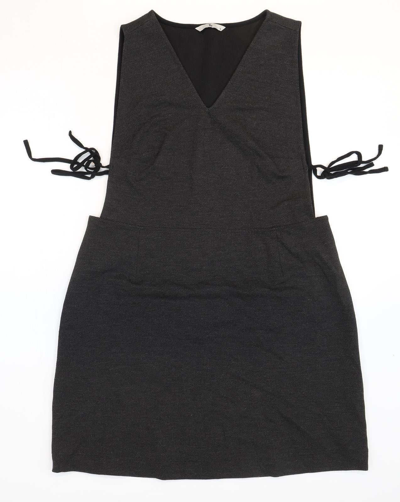 TU Womens Grey Polyester Pinafore/Dungaree Dress Size 16 V-Neck Tie
