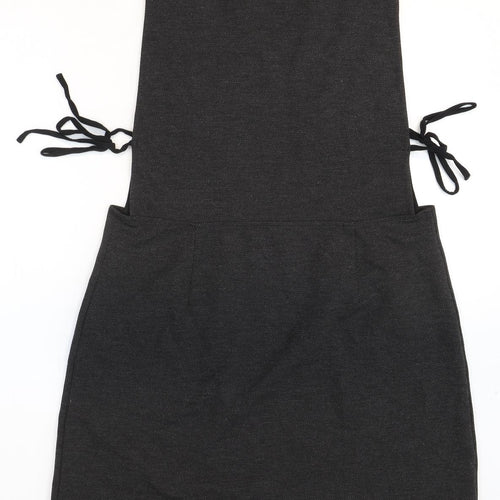 TU Womens Grey Polyester Pinafore/Dungaree Dress Size 16 V-Neck Tie