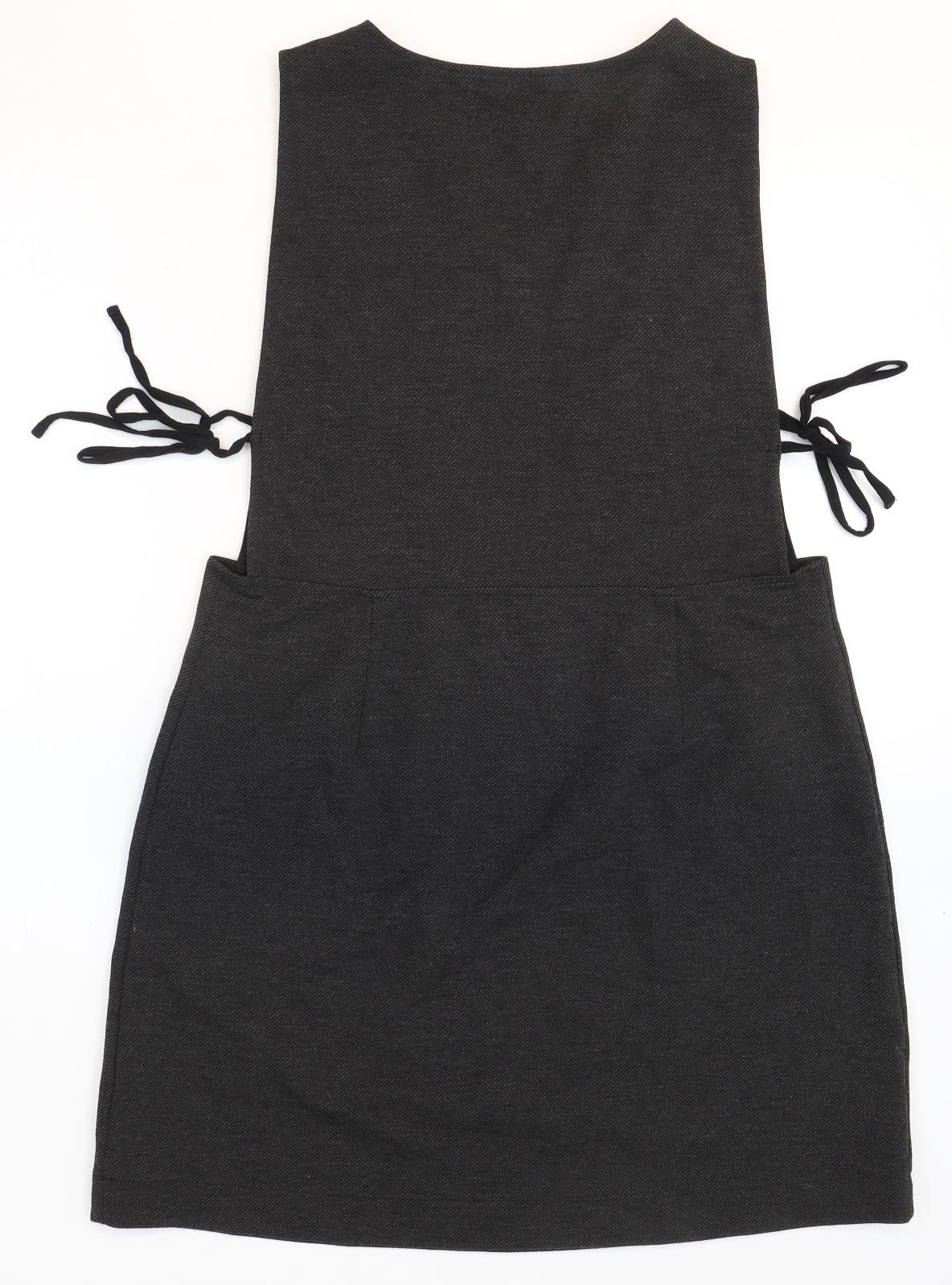 TU Womens Grey Polyester Pinafore/Dungaree Dress Size 16 V-Neck Tie