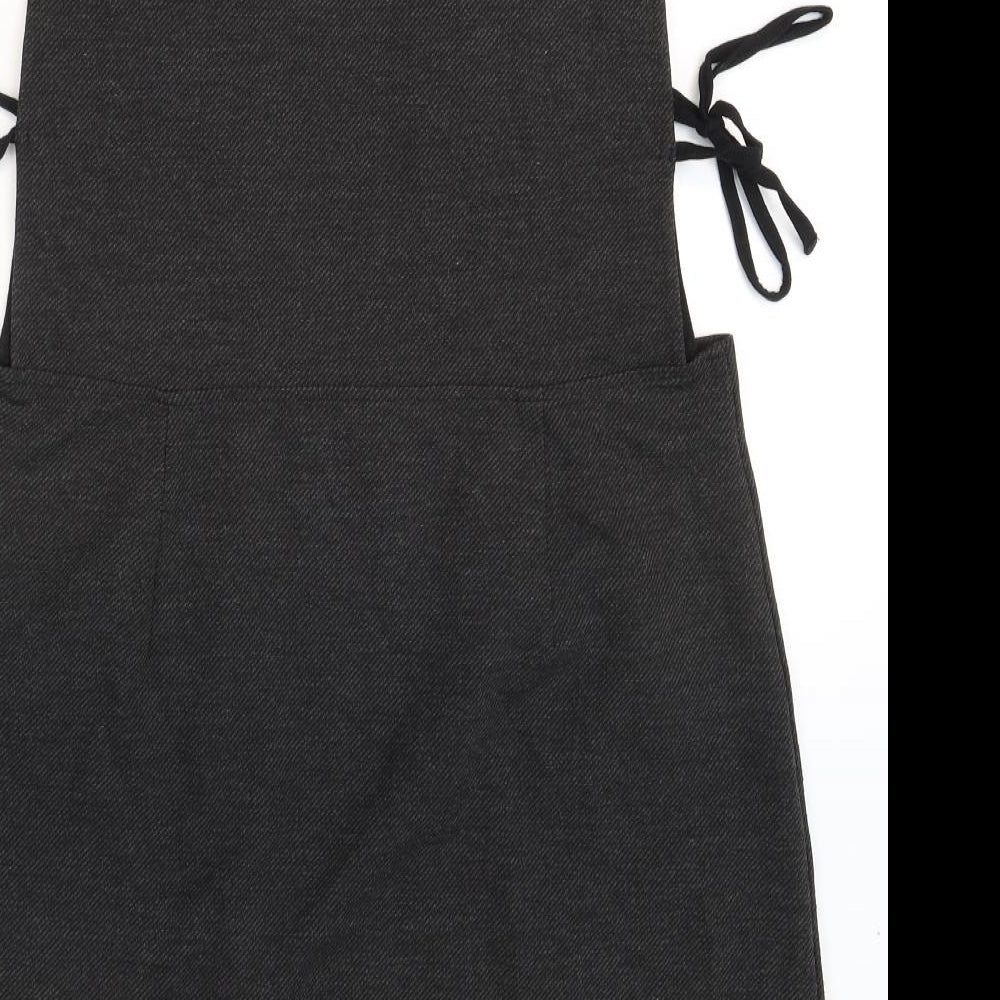 TU Womens Grey Polyester Pinafore/Dungaree Dress Size 16 V-Neck Tie