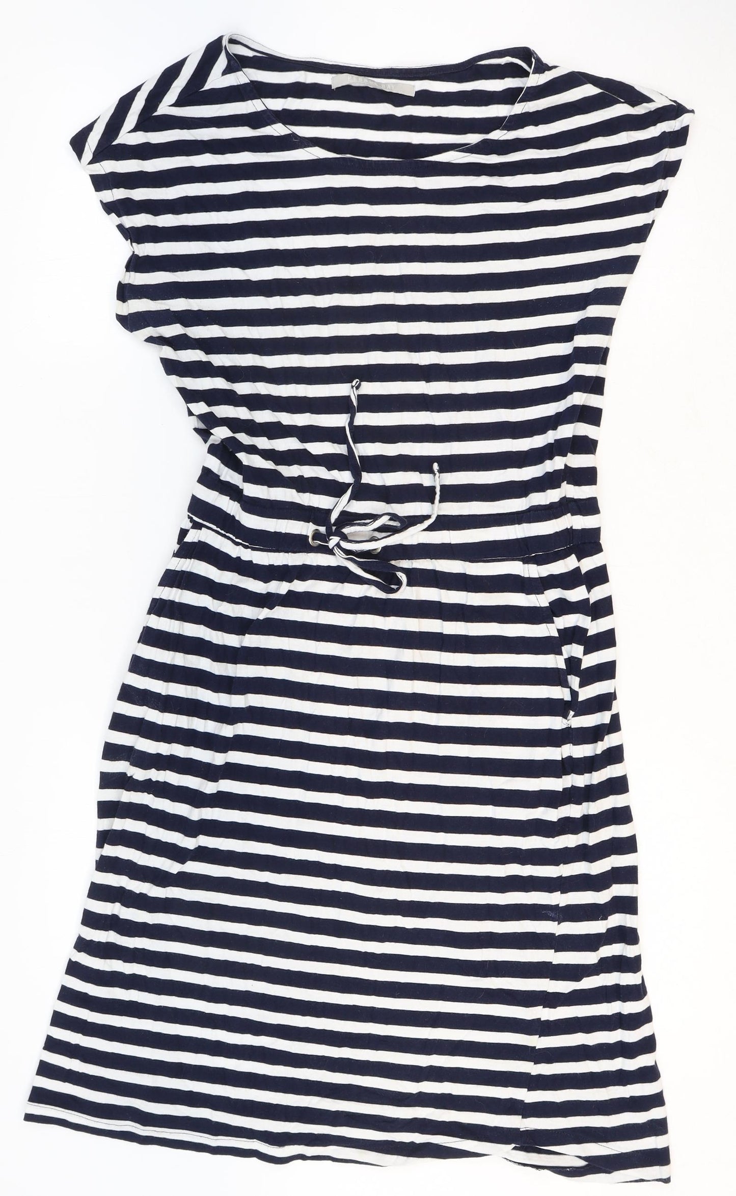 Pebble Bay Womens Blue Striped Cotton T-Shirt Dress Size 12 Boat Neck Tie