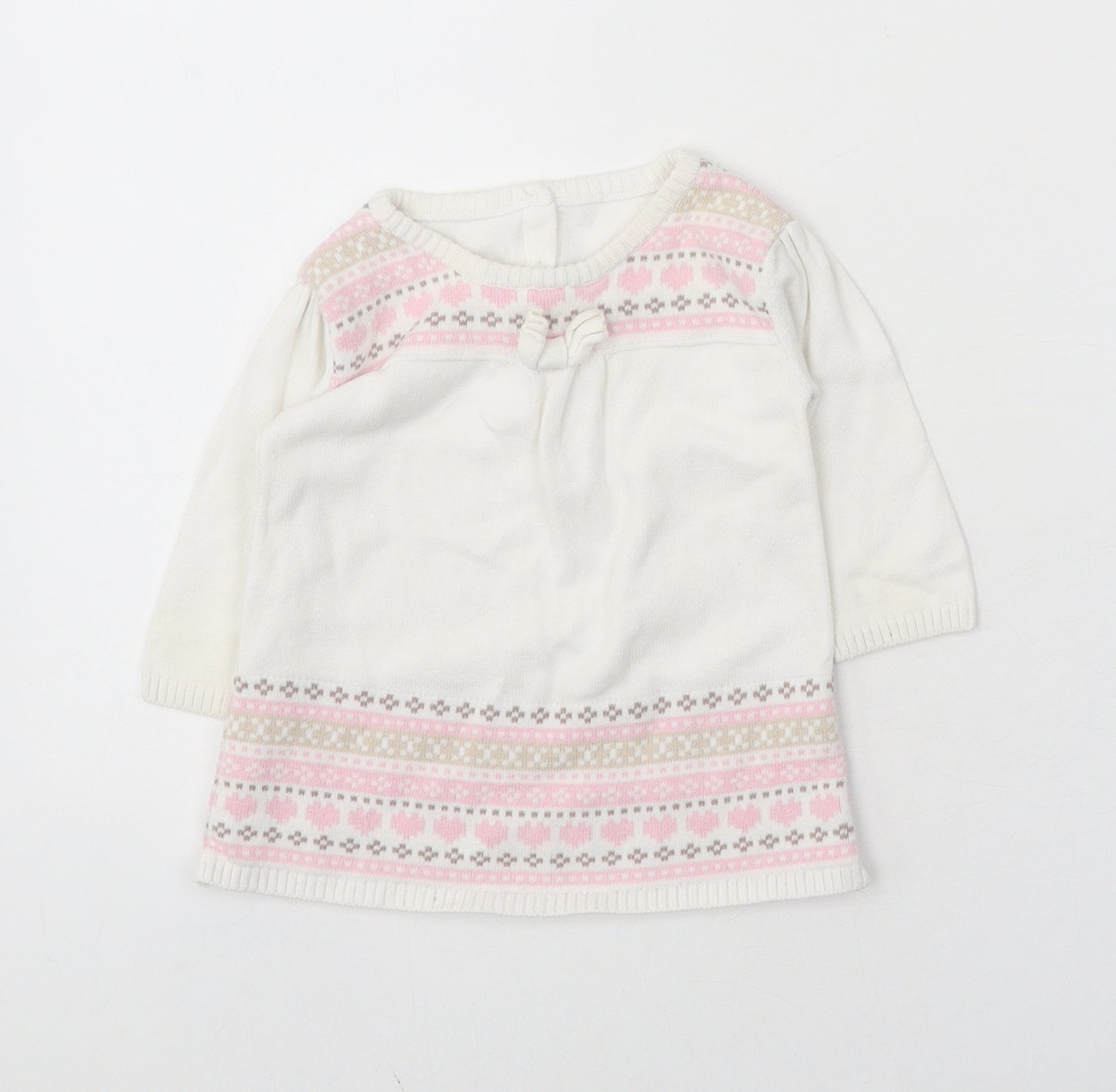 Matalan Girls White Fair Isle 100% Cotton Pullover Jumper Size 0-3 Months Button