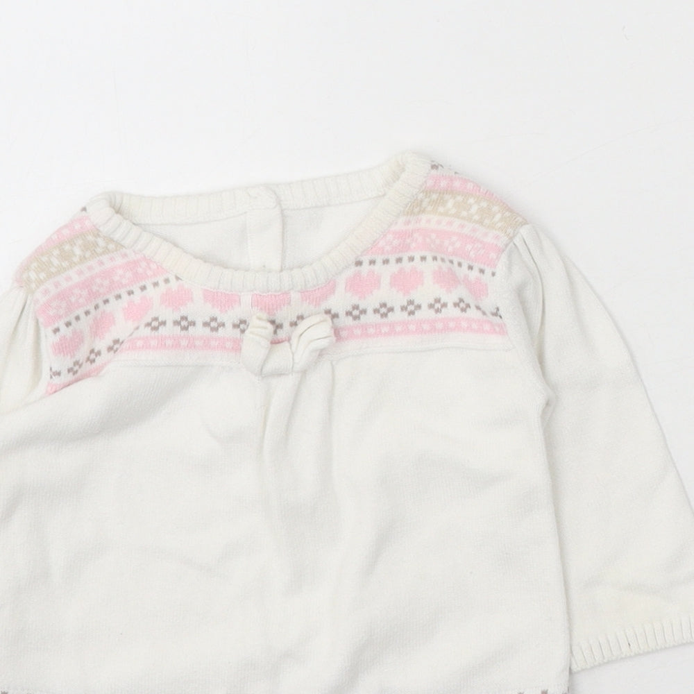 Matalan Girls White Fair Isle 100% Cotton Pullover Jumper Size 0-3 Months Button