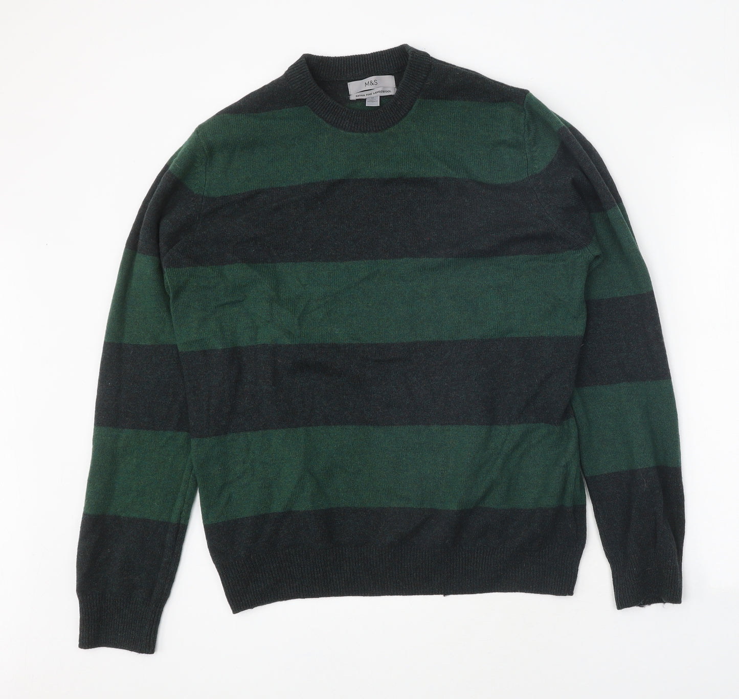 Marks and Spencer Mens Green Round Neck Striped Wool Pullover Jumper Size M