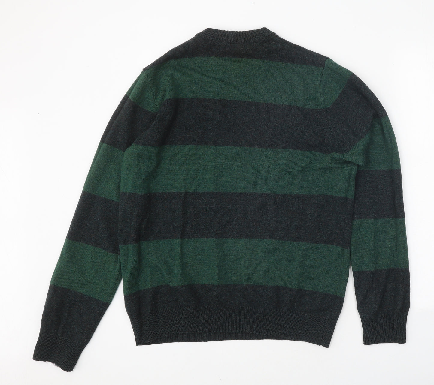 Marks and Spencer Mens Green Round Neck Striped Wool Pullover Jumper Size M