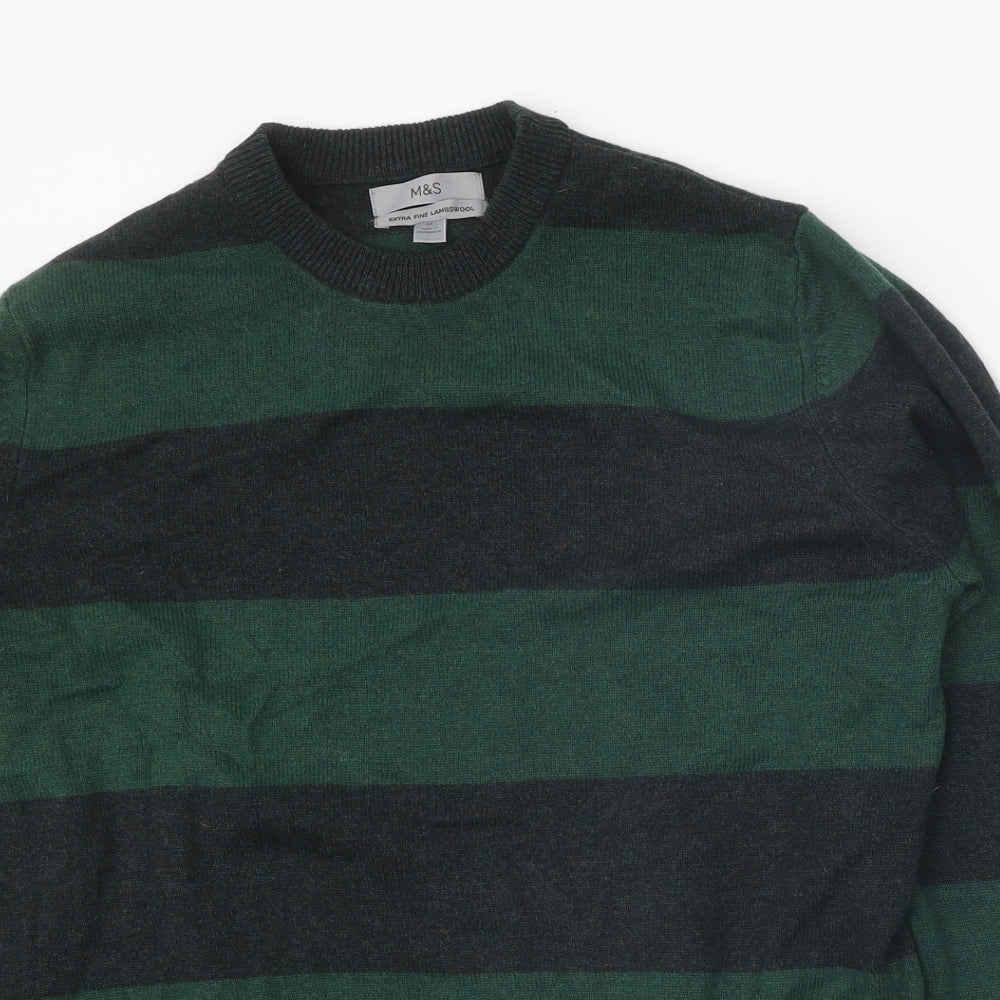 Marks and Spencer Mens Green Round Neck Striped Wool Pullover Jumper Size M
