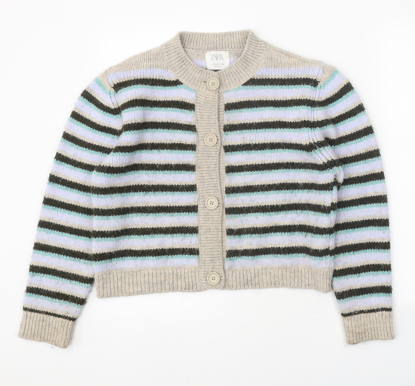 Zara Girls Multicoloured Round Neck Striped Acrylic Cardigan Jumper Size 13-14 Years Button