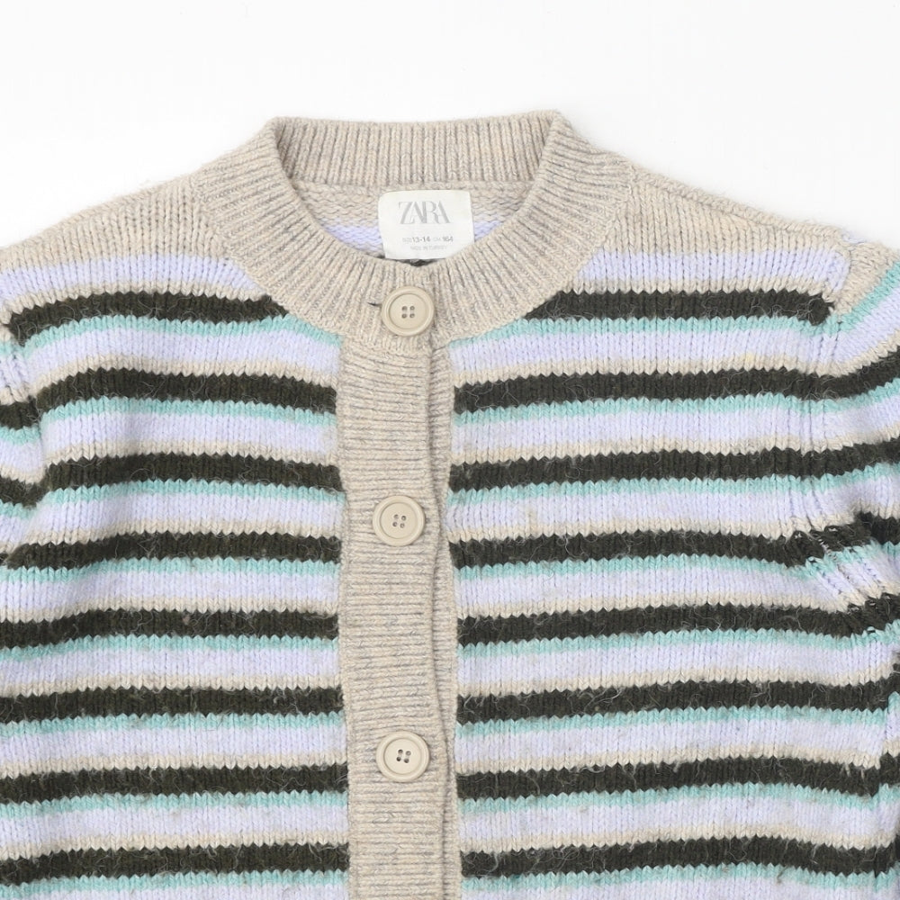Zara Girls Multicoloured Round Neck Striped Acrylic Cardigan Jumper Size 13-14 Years Button