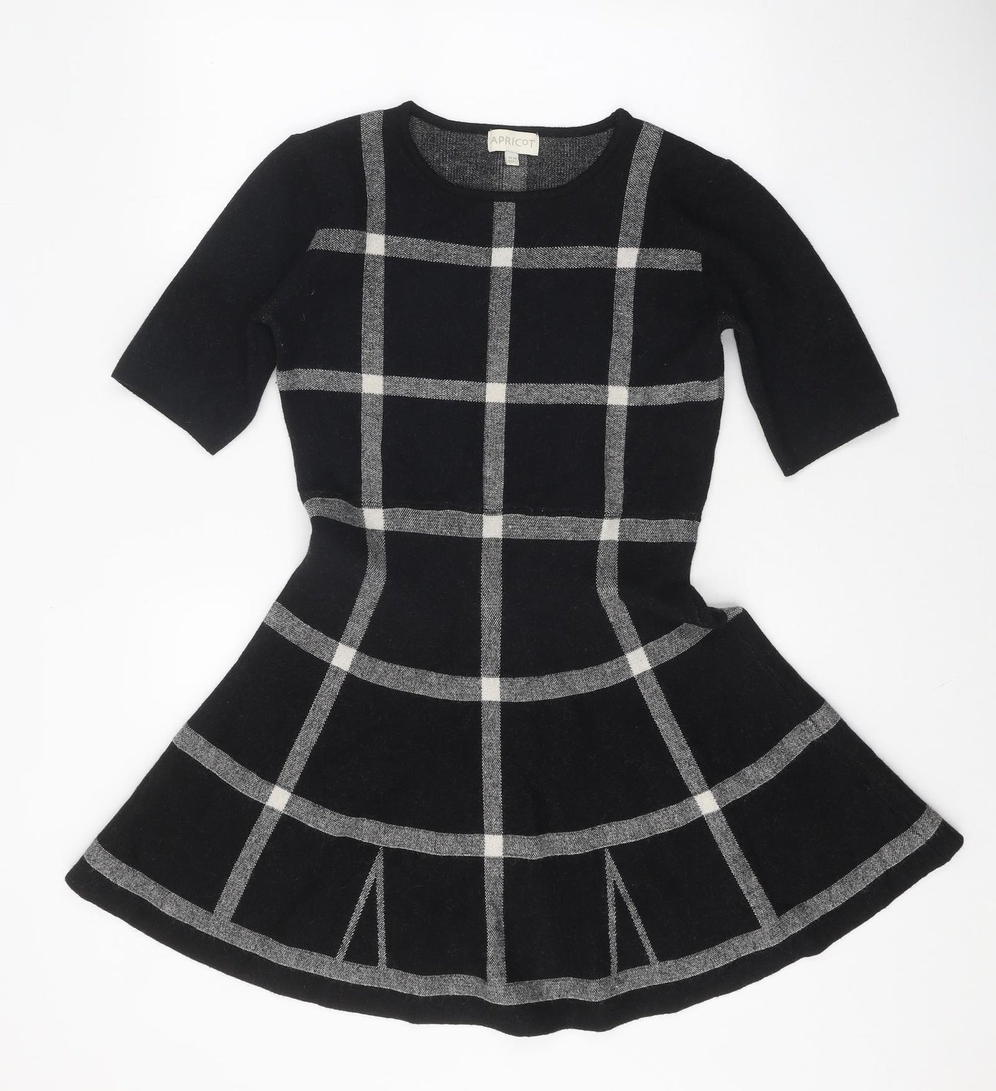 Apricot Womens Black Check Viscose Skater Dress Size 14 Round Neck Pullover