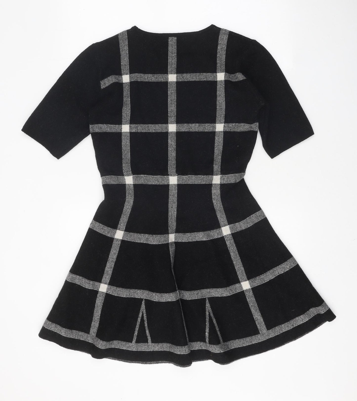 Apricot Womens Black Check Viscose Skater Dress Size 14 Round Neck Pullover