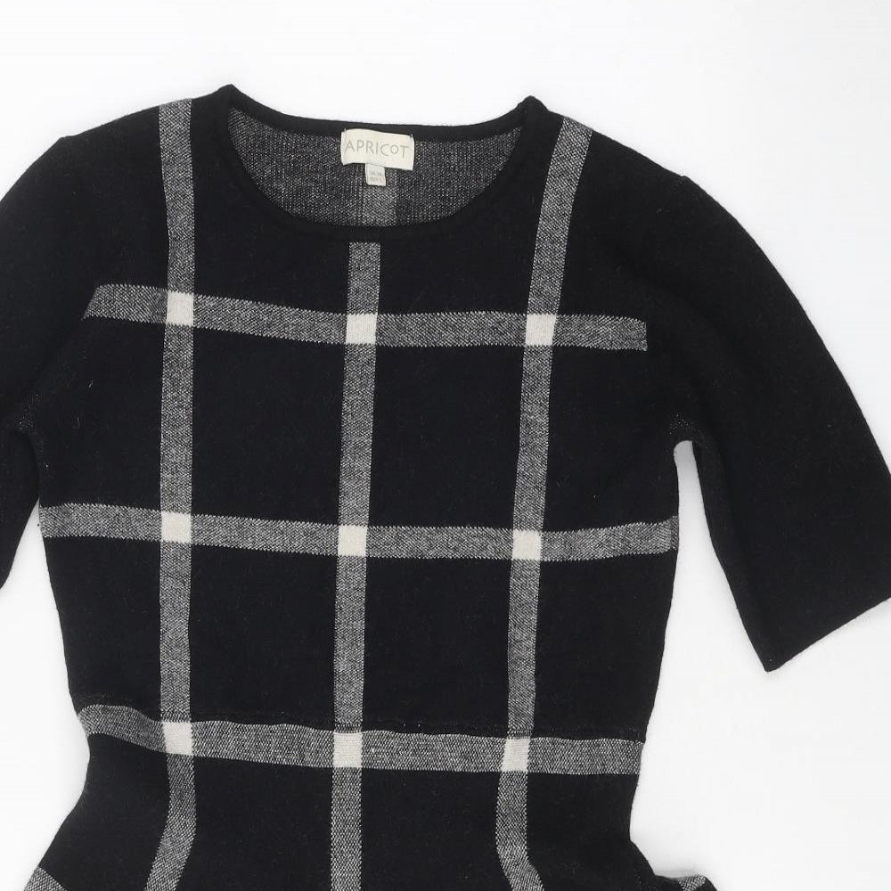 Apricot Womens Black Check Viscose Skater Dress Size 14 Round Neck Pullover