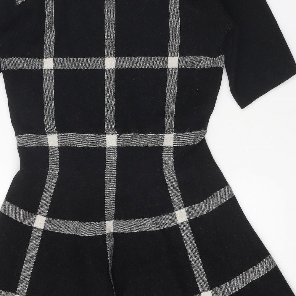 Apricot Womens Black Check Viscose Skater Dress Size 14 Round Neck Pullover