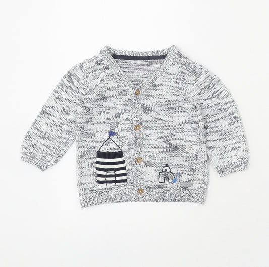 Front view of Marks & Spencer White 100% Cotton Cardigan Jumper, size 3-6, Months Button