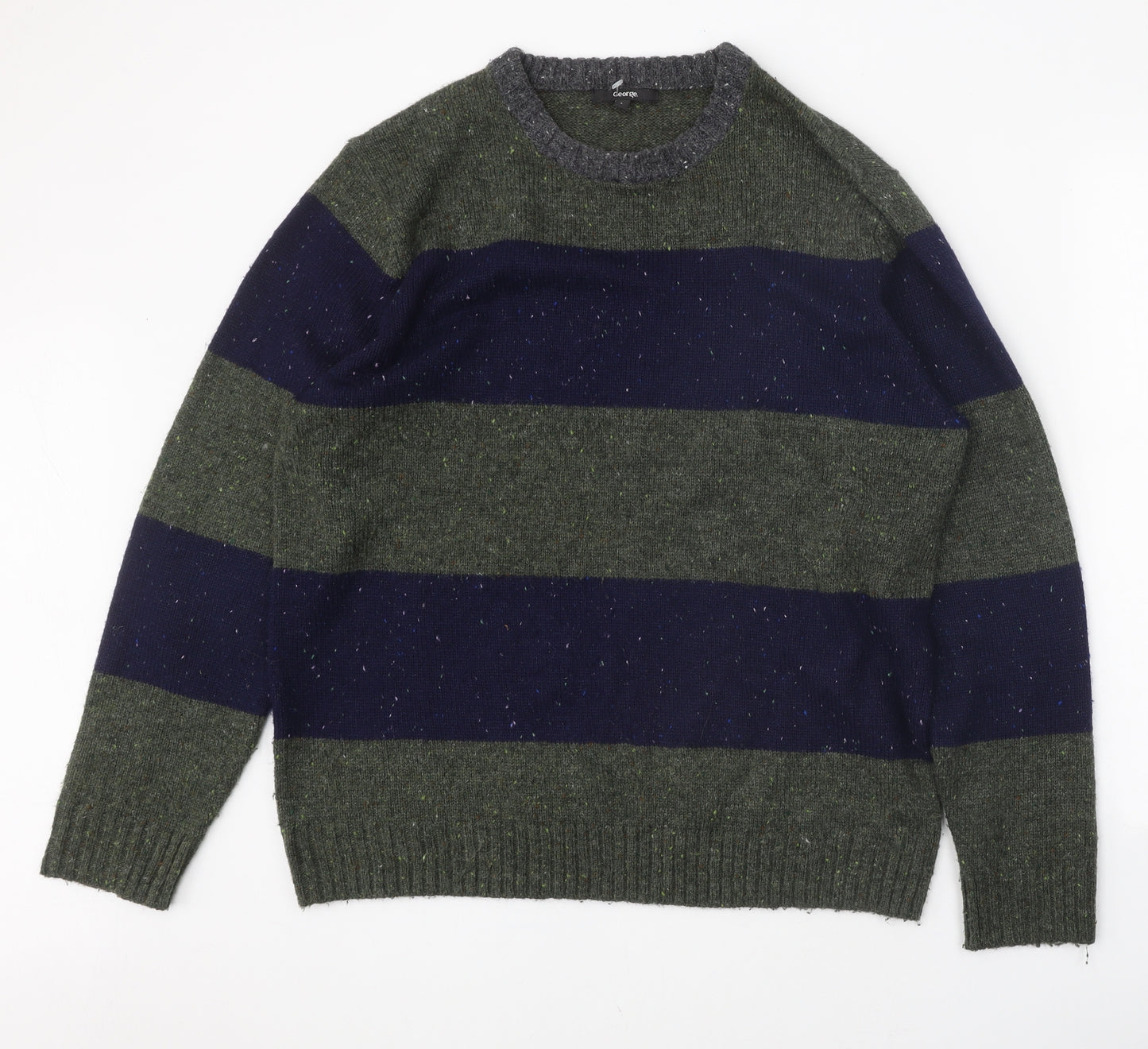 George Mens Multicoloured Round Neck Striped Acrylic Pullover Jumper Size L - Elbow Patches