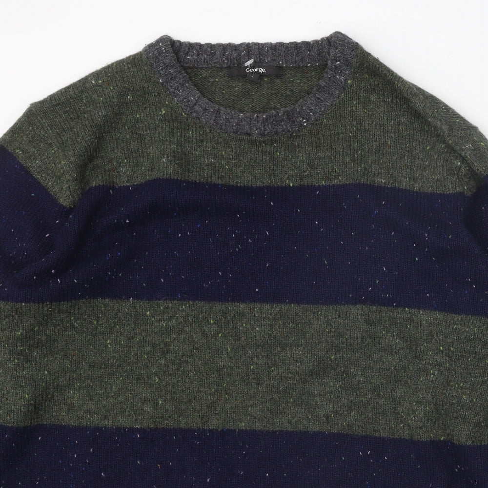 George Mens Multicoloured Round Neck Striped Acrylic Pullover Jumper Size L - Elbow Patches