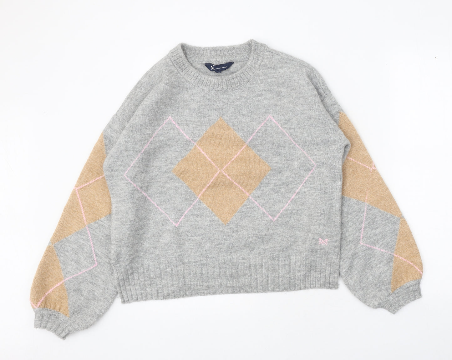Crew Clothing Womens Grey Round Neck Argyle/Diamond Acrylic Pullover Jumper Size 12