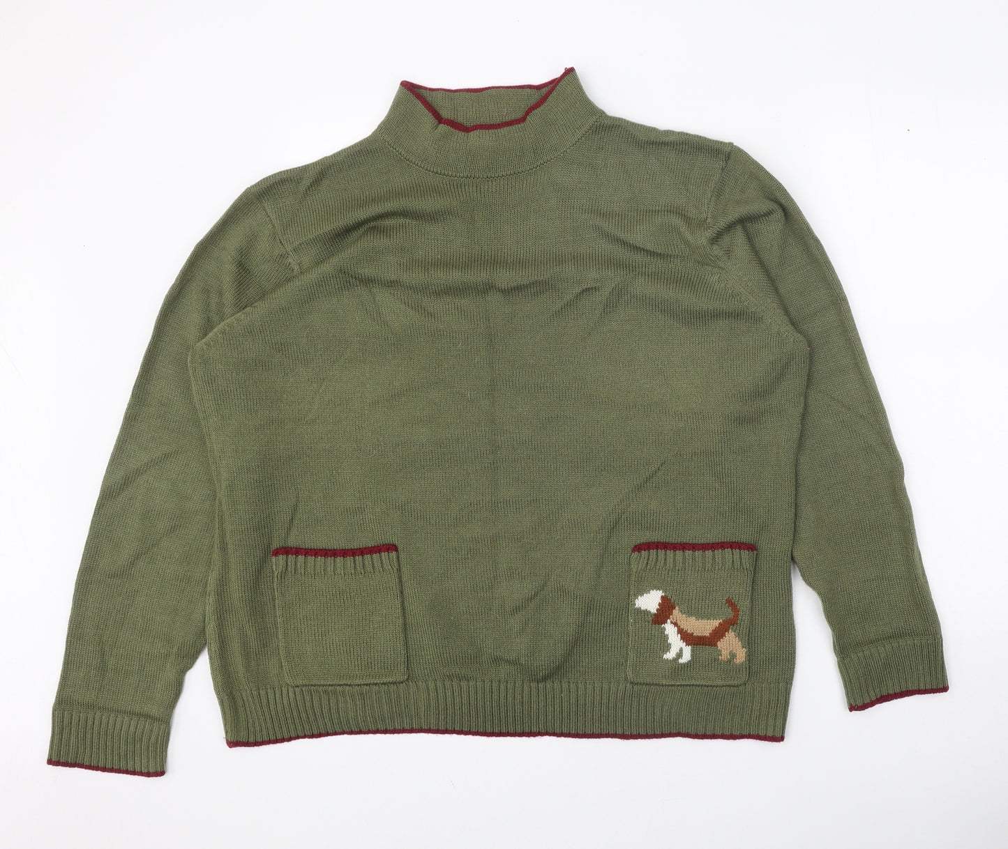 Cotton Traders Womens Green Mock Neck Acrylic Pullover Jumper Size 22 - Dog Detail