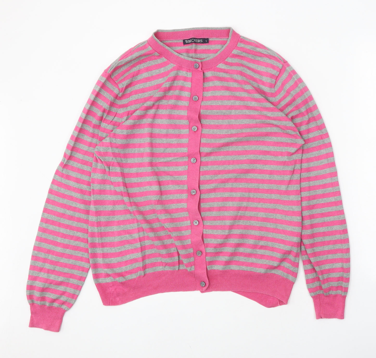 Woolovers Womens Pink Round Neck Striped Silk Cardigan Jumper Size L
